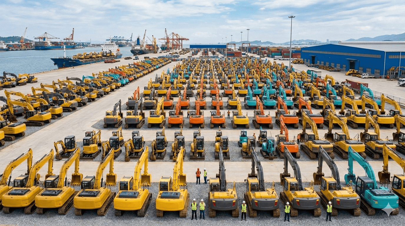 Heavy excavators in a machinery yard ready for export