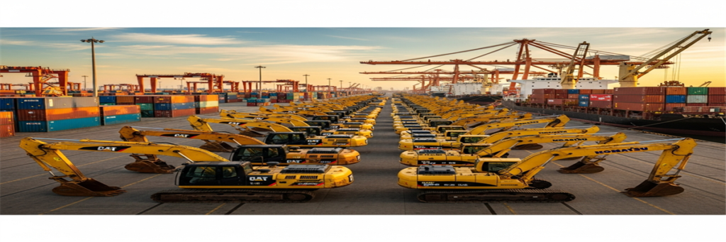 AI-generated panoramic image of used excavators at a Chinese export port ready for shipping to Africa - 2026 infrastructure boom