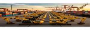 AI-generated panoramic image of used excavators at a Chinese export port ready for shipping to Africa - 2026 infrastructure boom