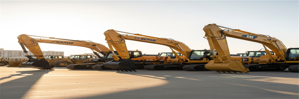 Chinese SANY and XCMG excavators compared with Japanese Komatsu and CAT machines at equipment yard - brand comparison guide 2026
