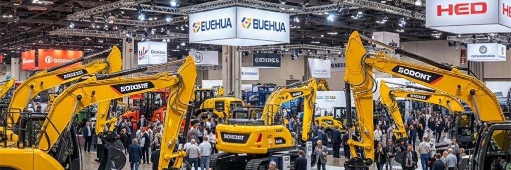 CONEXPO-CON/AGG 2026 exhibition hall showcasing the latest excavators from XCMG, Hitachi, DEVELON and other major manufacturers