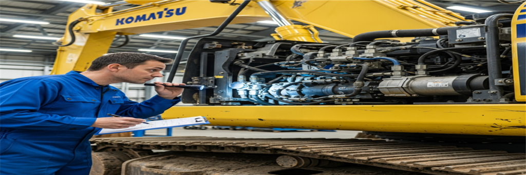 AI-generated image of professional mechanic inspecting hydraulic system of used Komatsu excavator - buying guide
