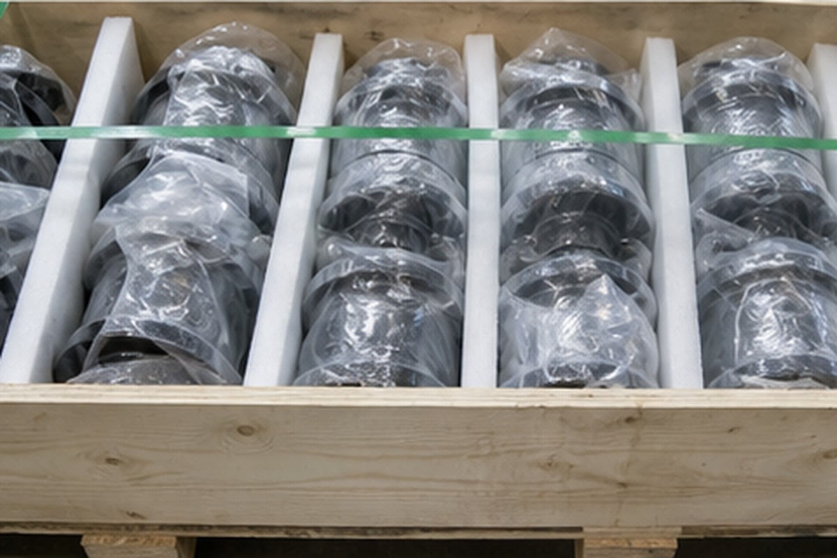Excavator carrier rollers packed for export shipment