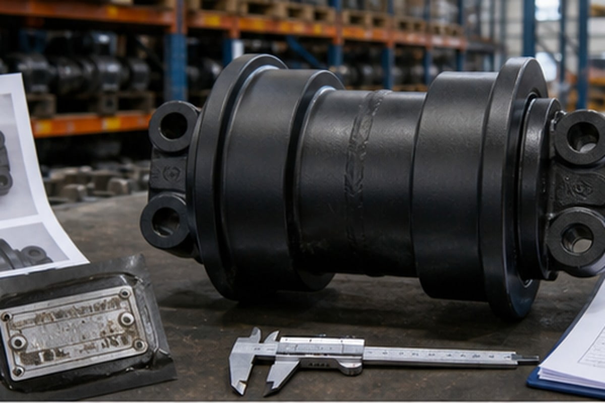 Excavator carrier roller quote evidence with measurements and old part photos