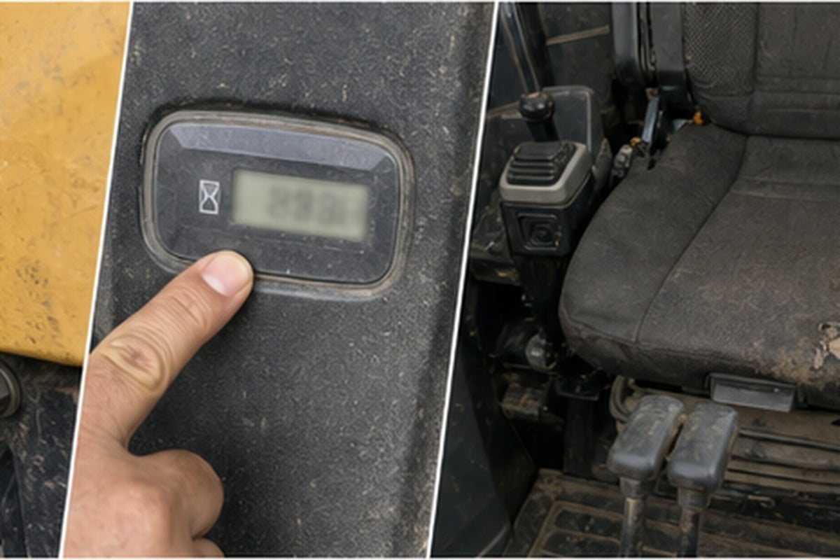 Used CAT excavator serial plate hour meter and condition evidence
