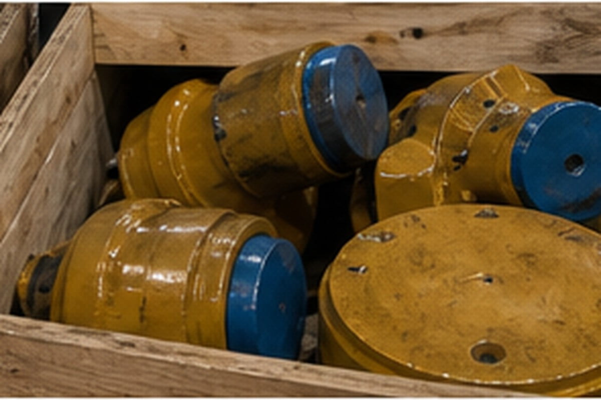CAT excavator parts export packing with capped ports and crate protection