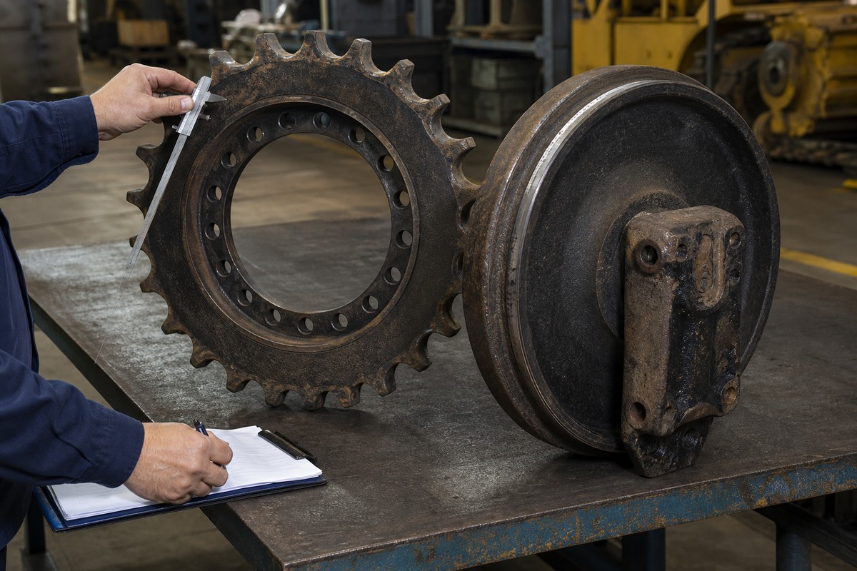 CAT excavator sprocket and idler inspection