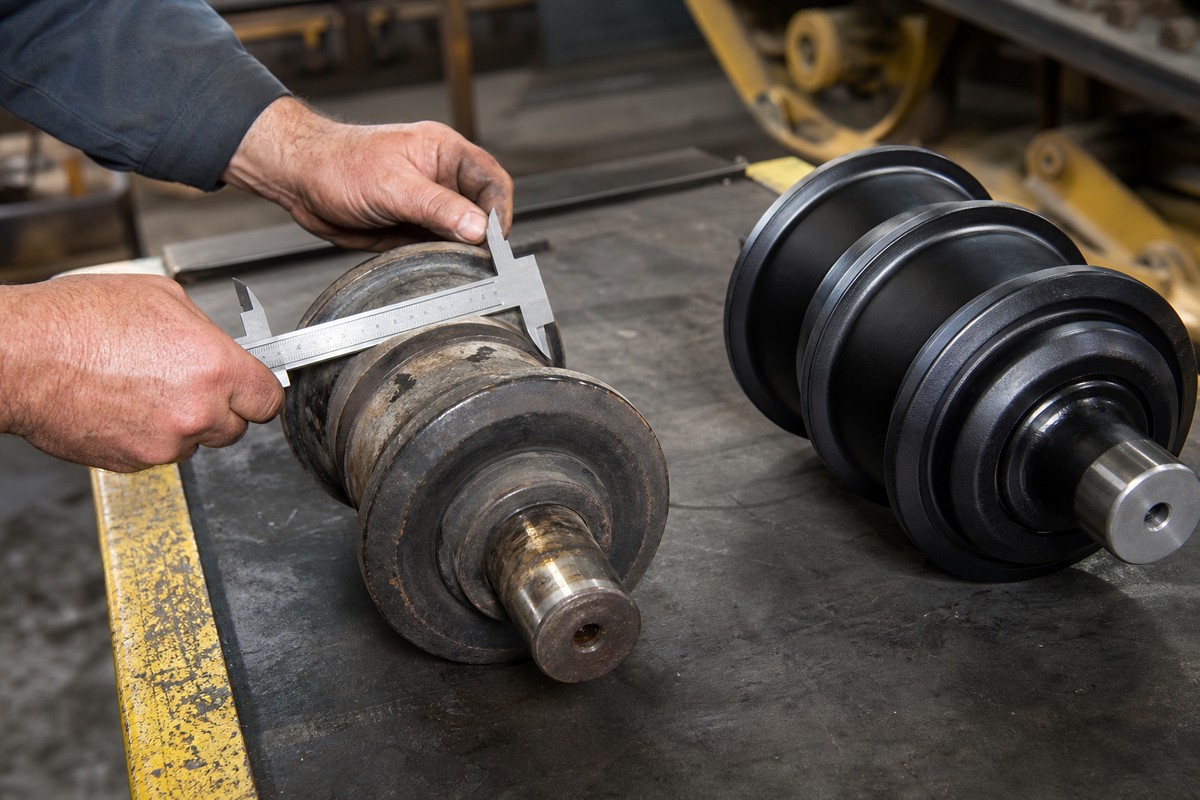CAT excavator track roller flange measurement check