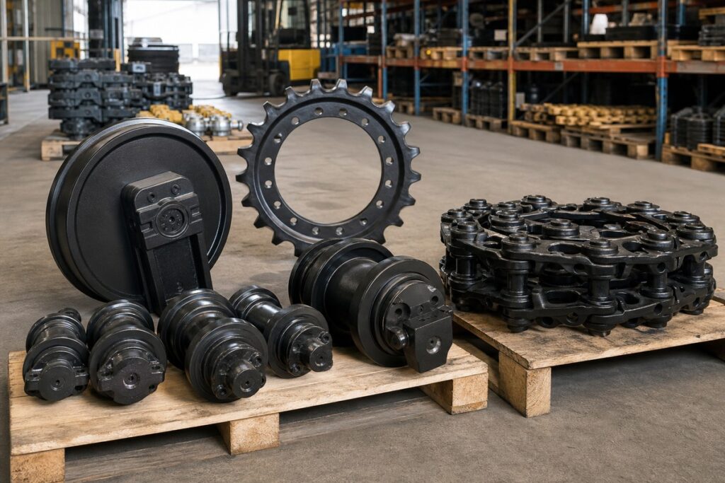 CAT excavator undercarriage parts warehouse inspection