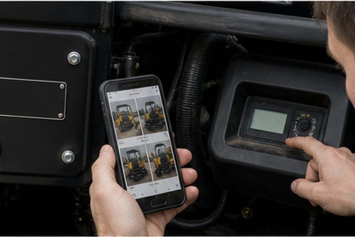 Compact excavator serial plate and hour meter evidence before import