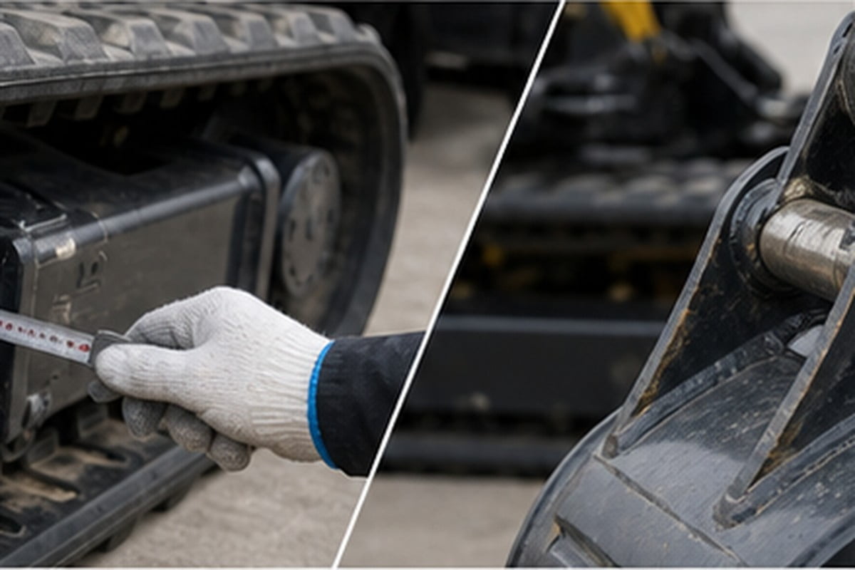 Compact excavator rubber track sprocket roller and bucket linkage inspection