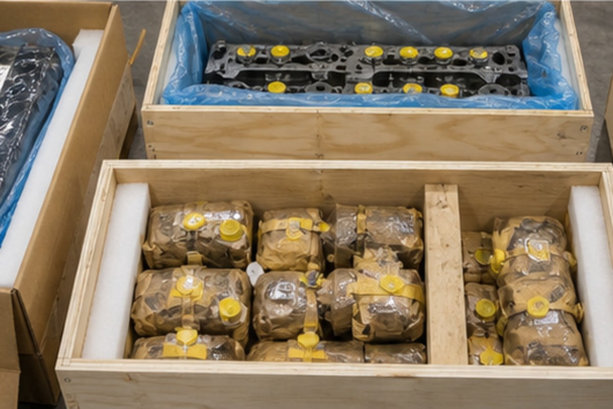 Excavator engine parts export packing with protection and labels