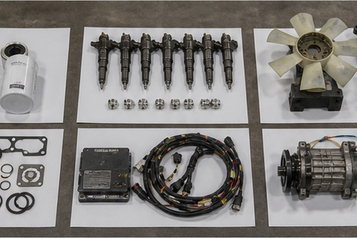 Excavator engine filters injectors cooling and electrical parts grouped for quotation