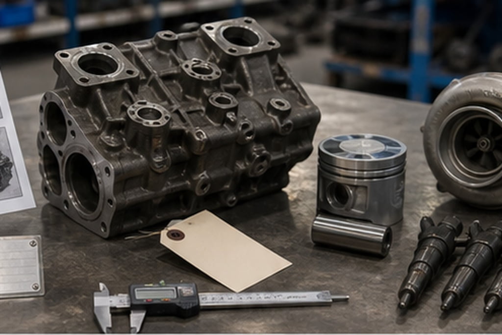 Excavator engine parts quote evidence with serial plate and part number photos