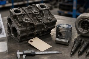 Excavator engine parts quote evidence with serial plate and part number photos