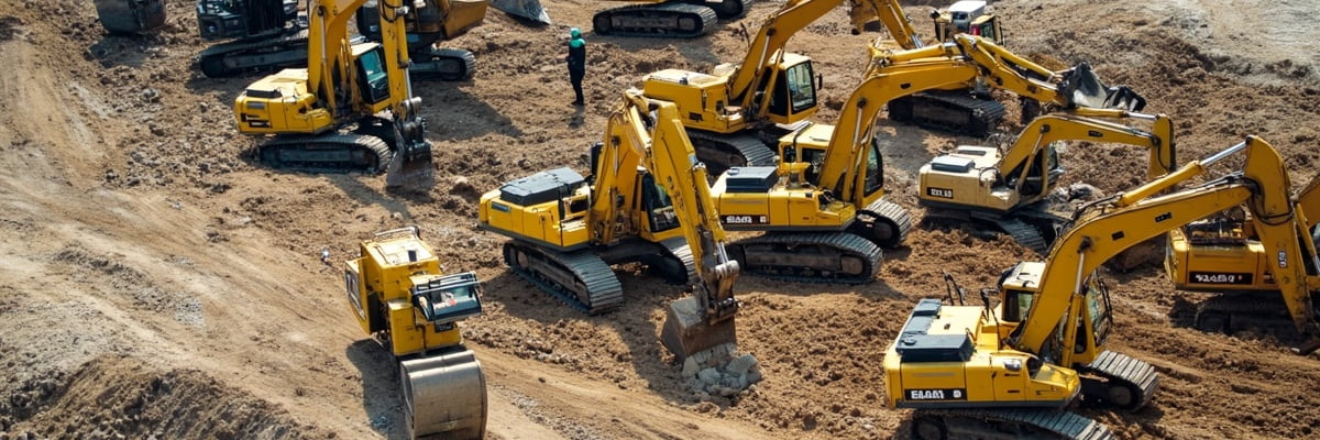 global construction site aerial view multiple brand excavators
