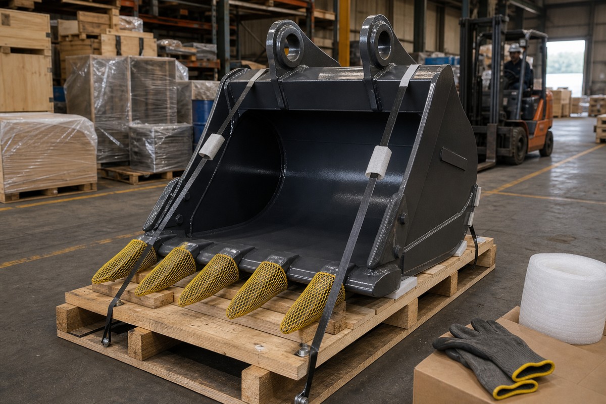 excavator bucket export packing and loading evidence