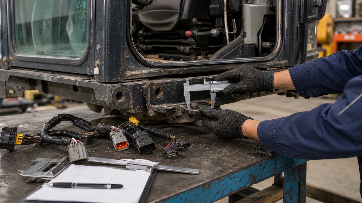 Excavator cab fitment mounting and connector check