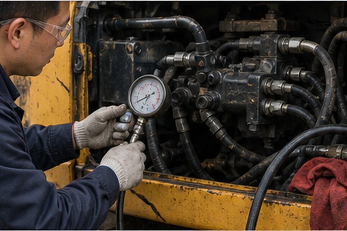 Excavator hydraulic diagnostic pressure hose leak and pump area inspection