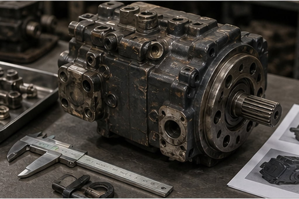 Old excavator hydraulic pump evidence with part photos and measurements