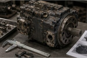 Old excavator hydraulic pump evidence with part photos and measurements