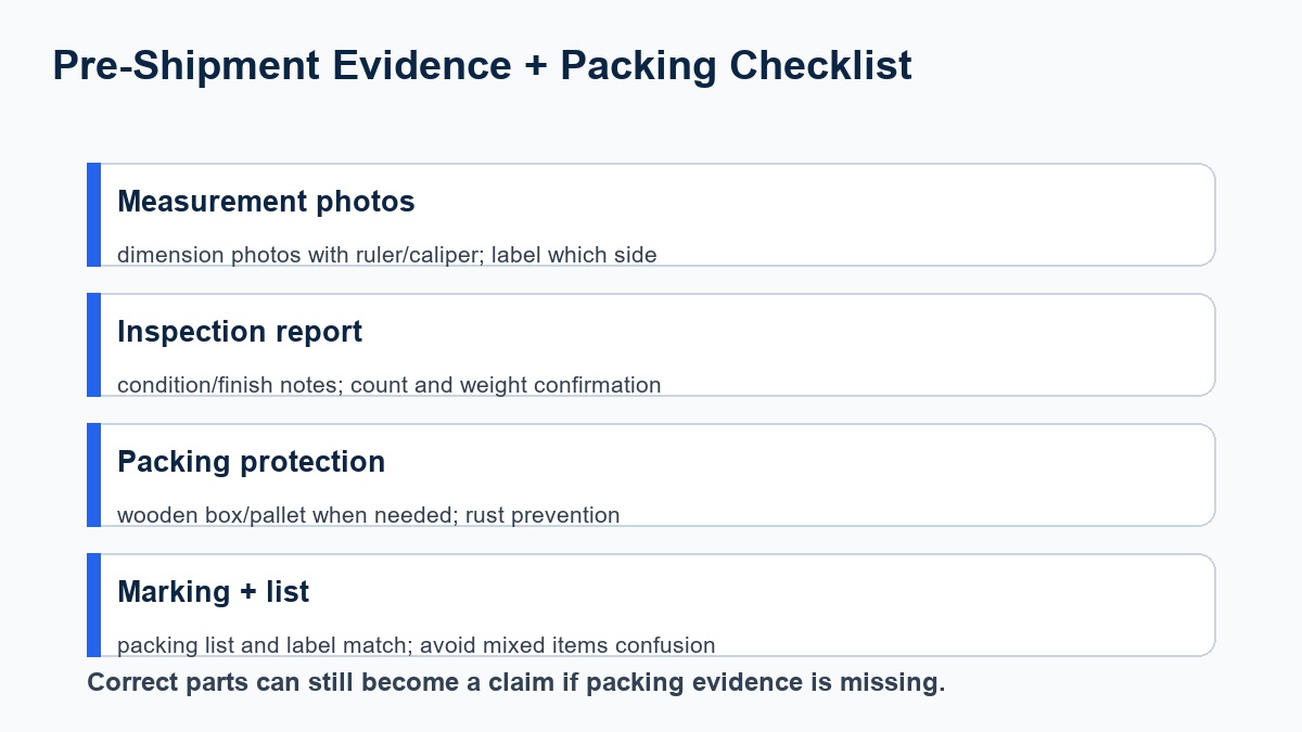 Pre-shipment evidence and packing checklist for heavy excavator idler assemblies