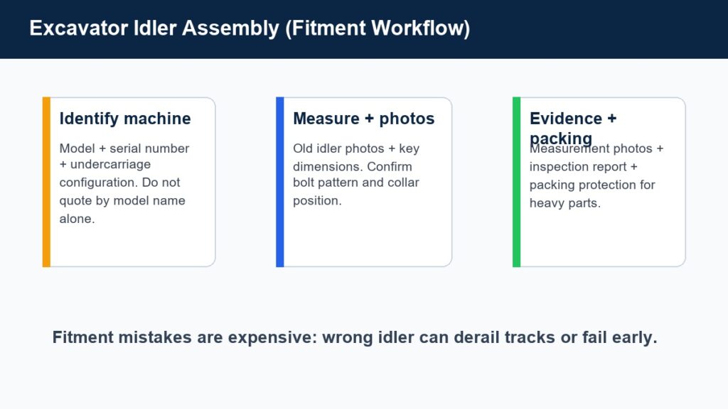 Excavator idler assembly fitment workflow: identify machine, measure and request pre-shipment evidence