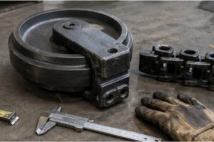 excavator idler fitment evidence with dimensions and track tension check