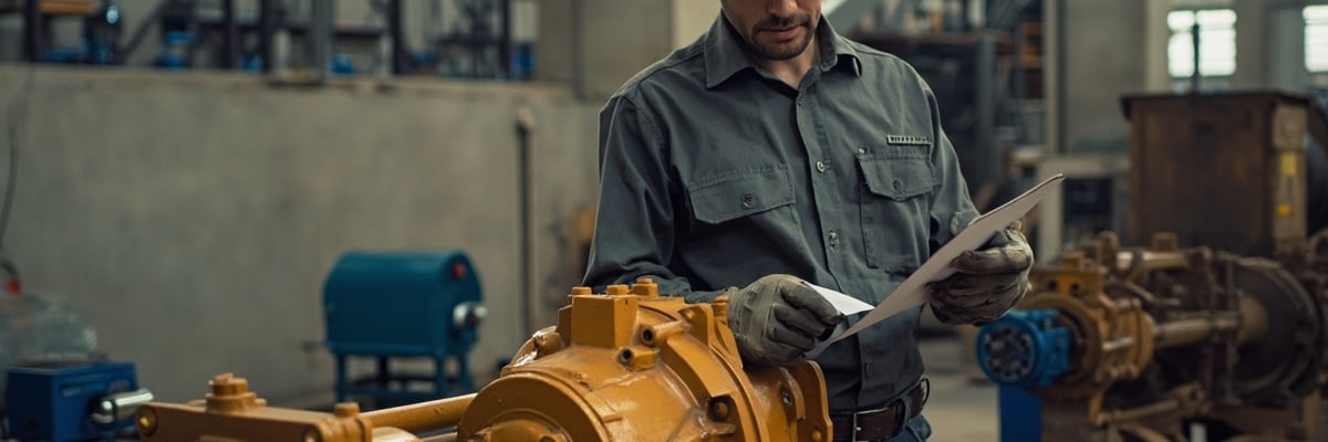 quality inspection engineer checking excavator hydraulic pump components factory