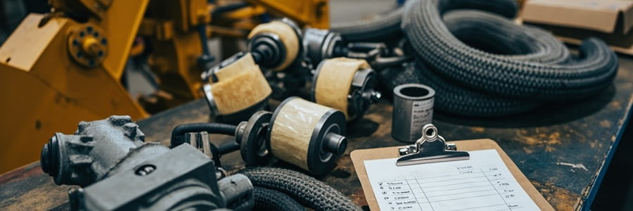 Excavator spare parts laid out for export order verification
