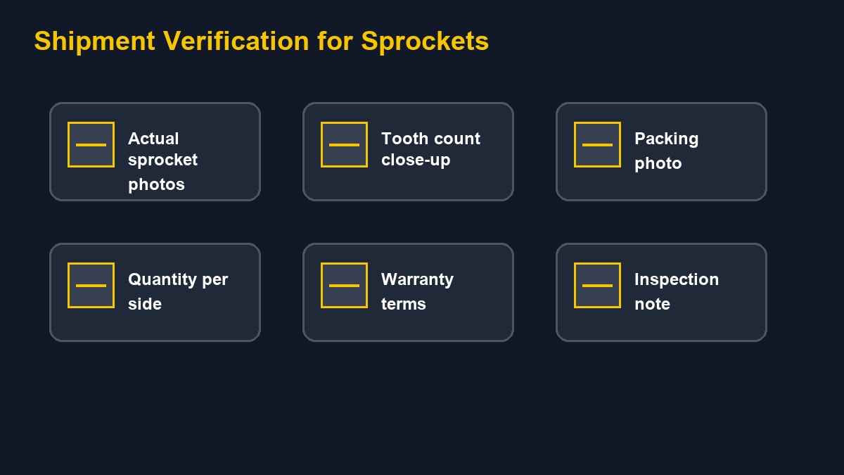 Excavator sprocket shipment verification card