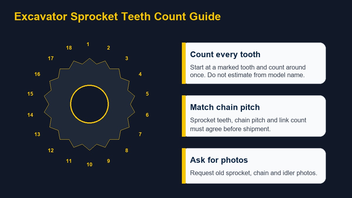 Excavator sprocket teeth count guide card