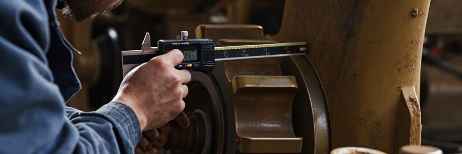 Excavator track roller measurement with caliper and tape before shipment