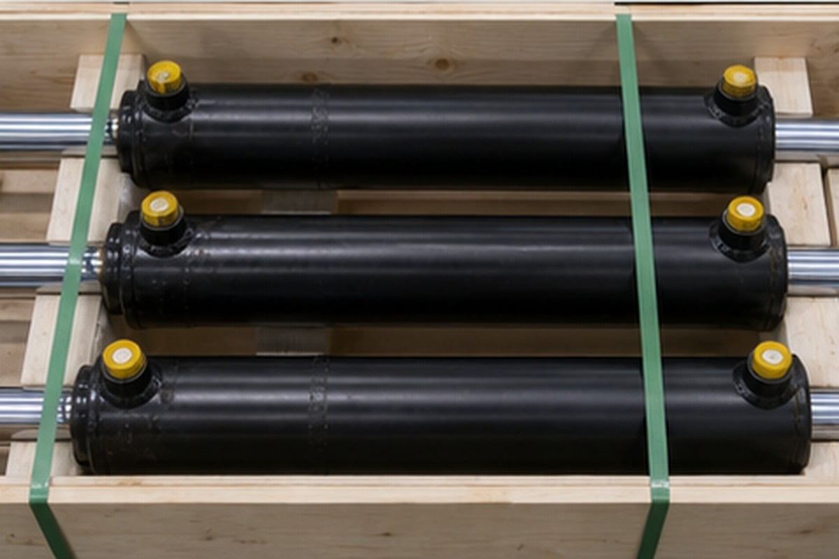 Hydraulic cylinder export packing with rod protection and port caps