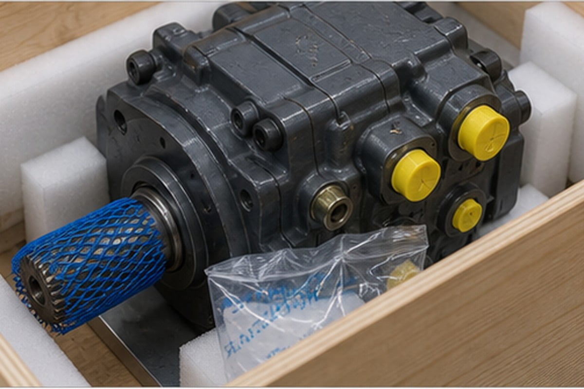 Excavator hydraulic pump export packing with capped ports and shaft protection