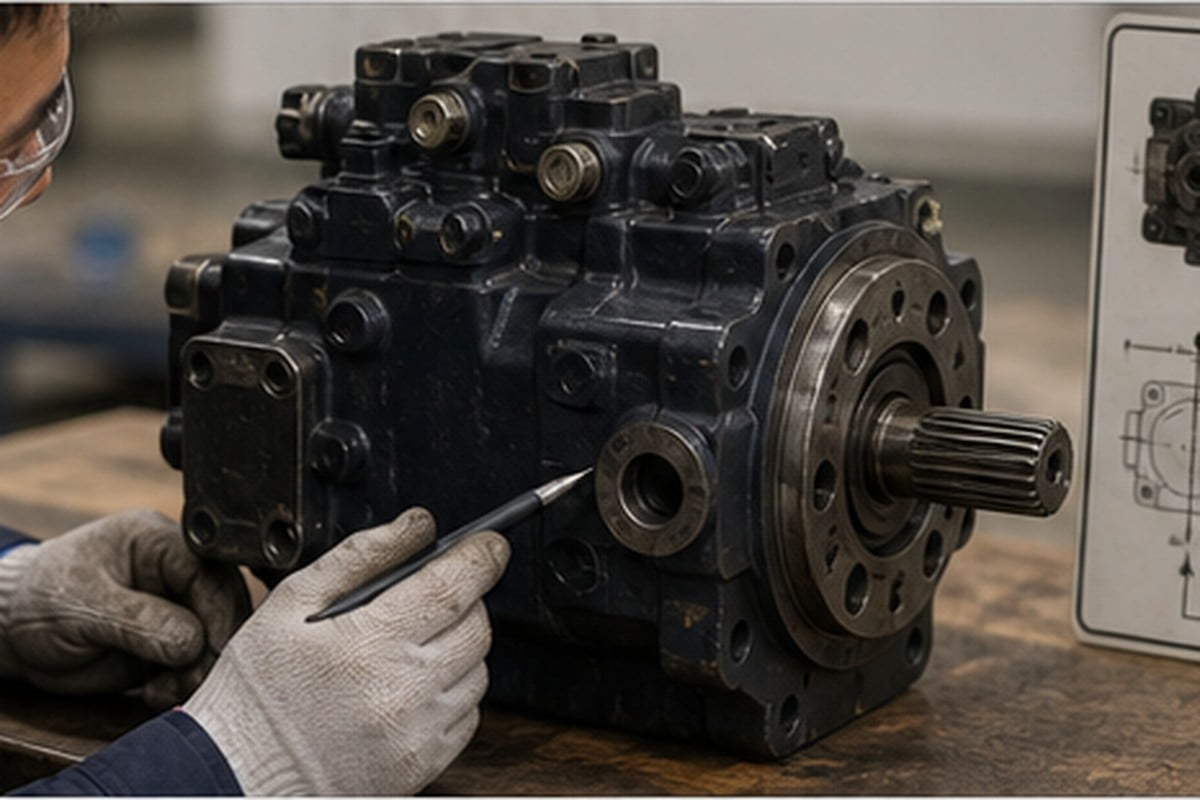 Excavator hydraulic pump port shaft regulator and rotation check
