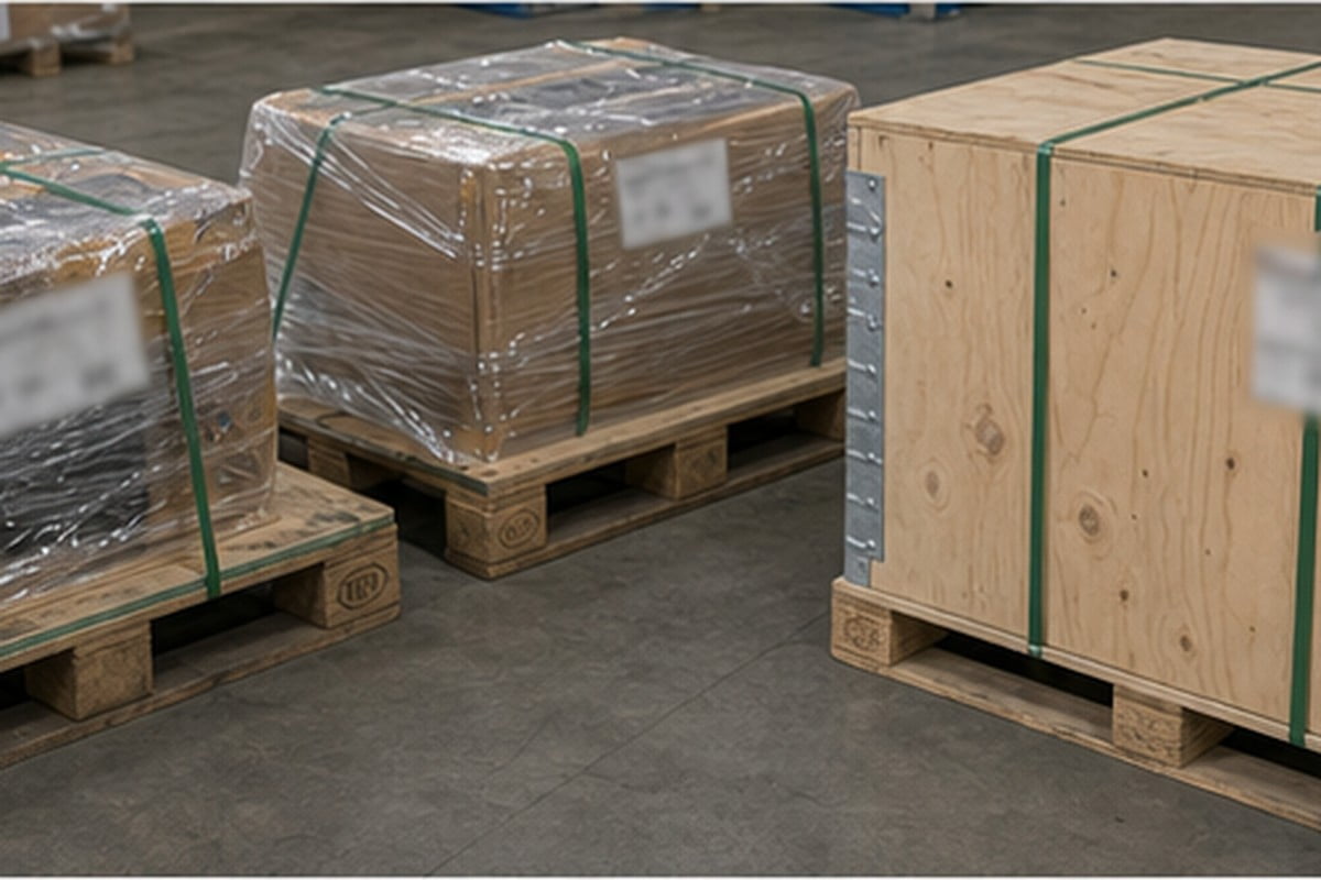 Packing ekspor spare part excavator dengan pallet peti dan perlindungan