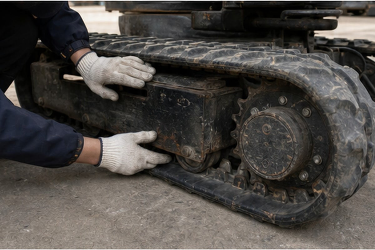 Komatsu PC01 mini excavator rubber track sprocket and roller inspection