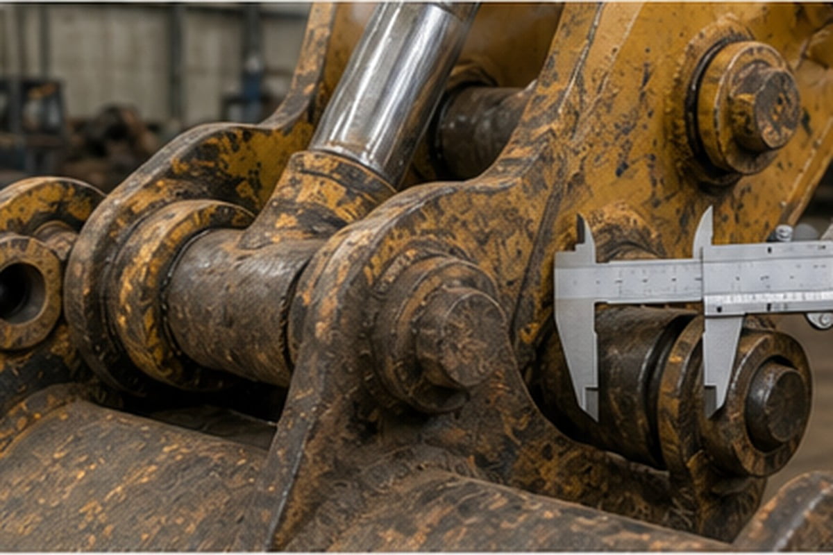 Mini excavator bucket coupler pin size and attachment fitment inspection