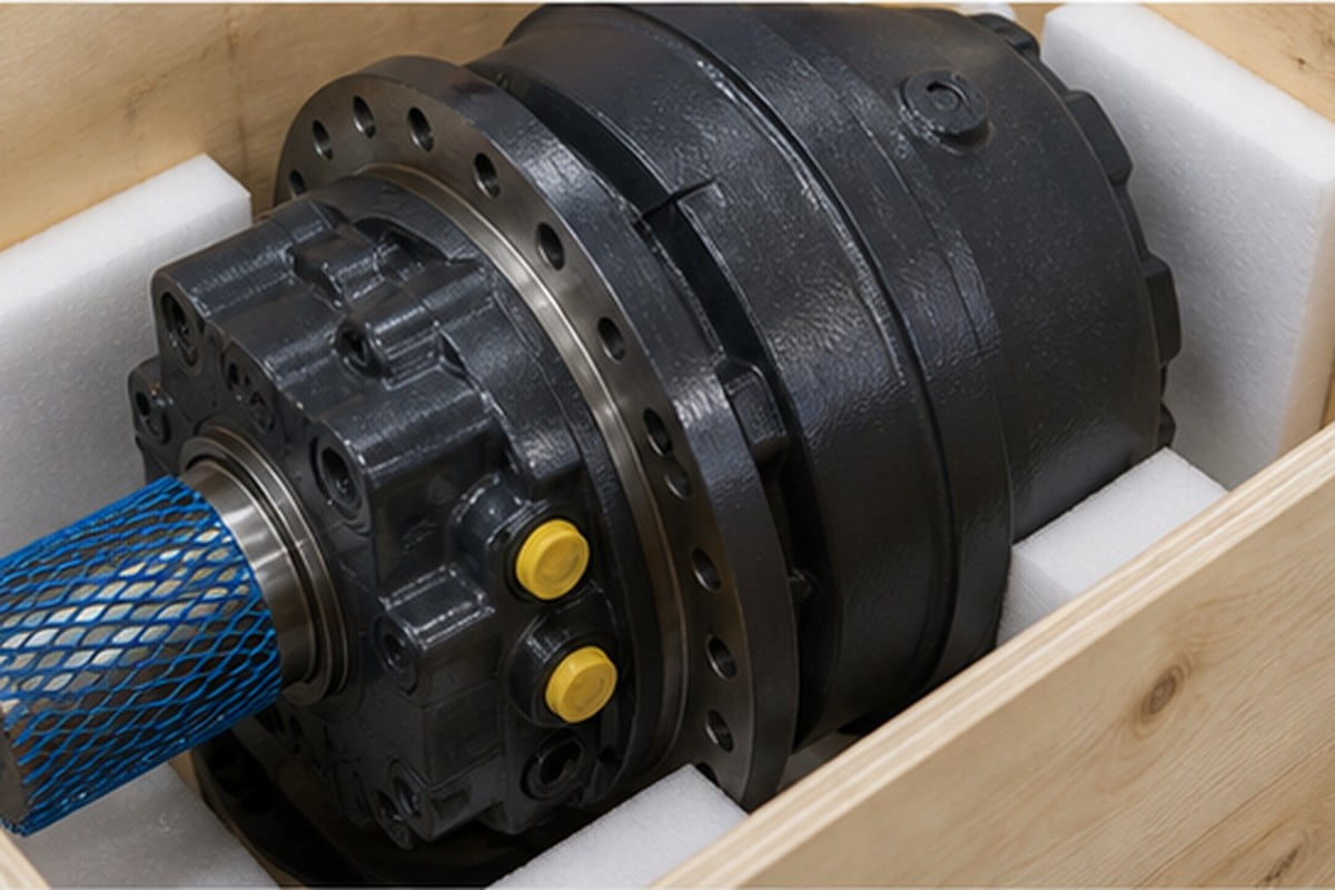 PC220 final drive export packing with capped ports and shaft protection