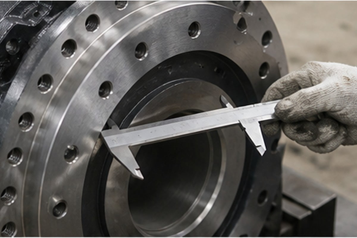 PC220 final drive mounting face bolt pattern and pilot diameter inspection