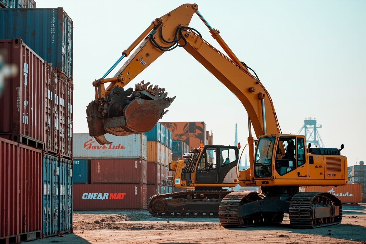 Chinese port with construction equipment excavators loaded for export shipping containers