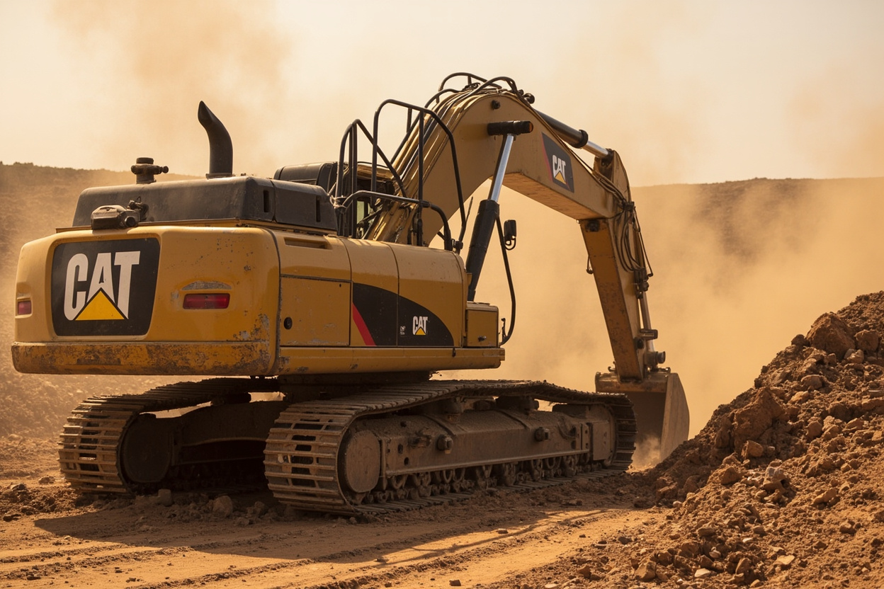 Caterpillar excavator at African mining site dusty environment construction equipment Africa
