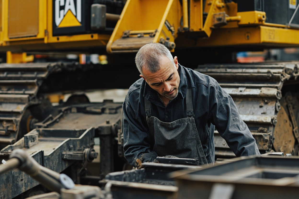 Technician performing quality inspection on excavator undercarriage at China factory