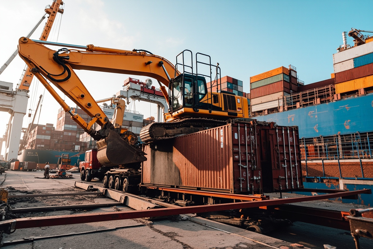 Container ship loading construction machinery at Chinese port for export to Africa