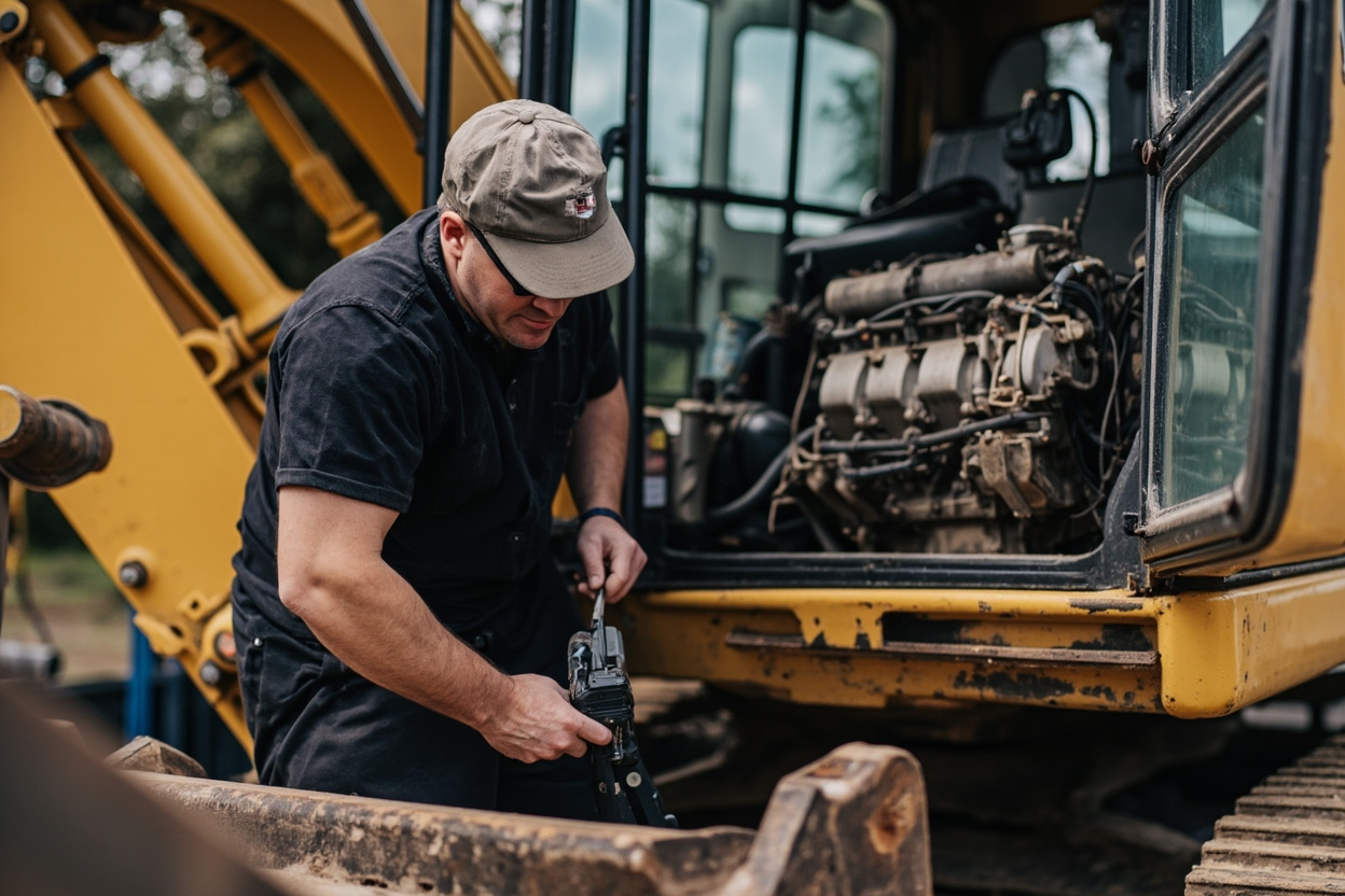 Excavator Engine Inspection Mechanic Mechanic performing engine inspection on excavator with professional tools