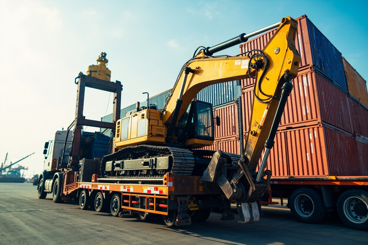 Excavator Container Loading China Port Excavator loaded into shipping container at Chinese port for export worldwide