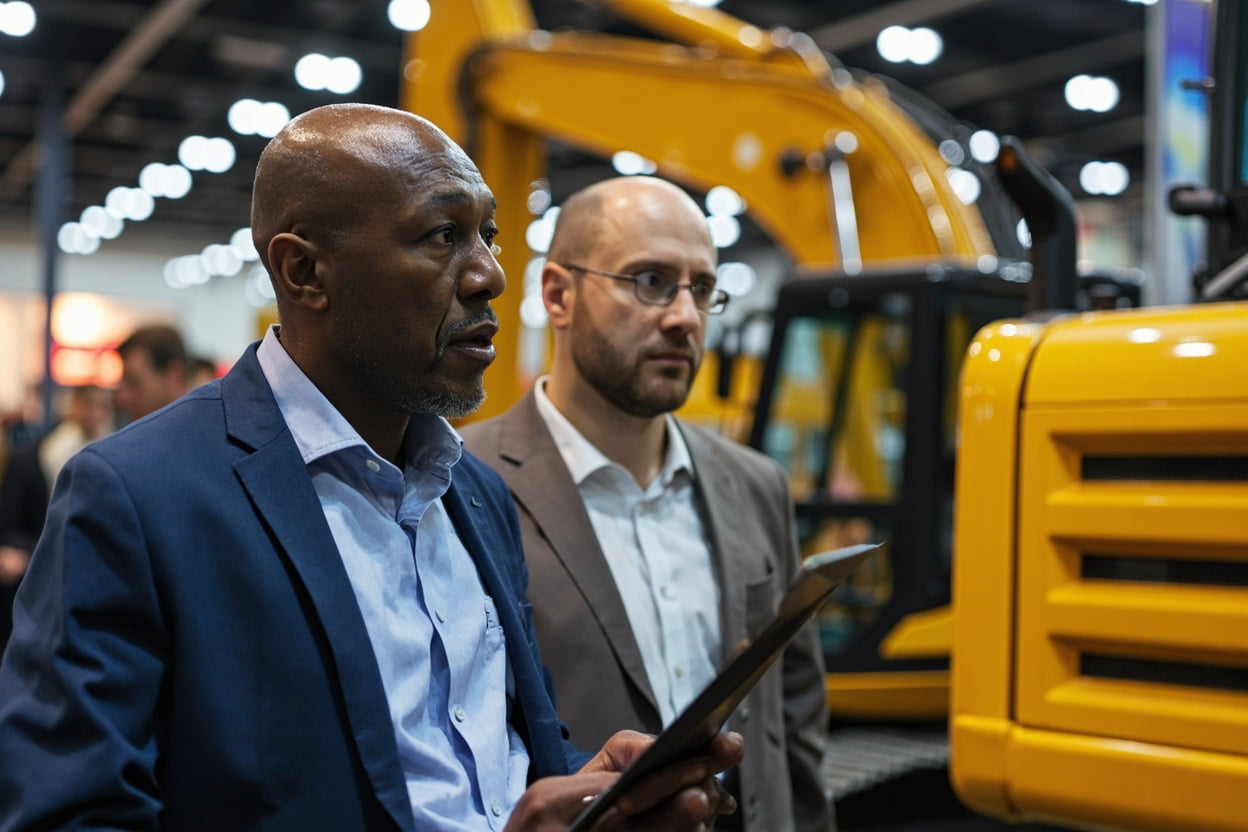 African equipment dealers evaluating Chinese excavators at trade exhibition
