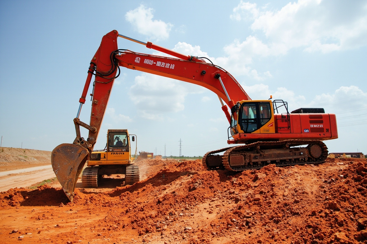Chinese excavator working at African road construction project infrastructure development