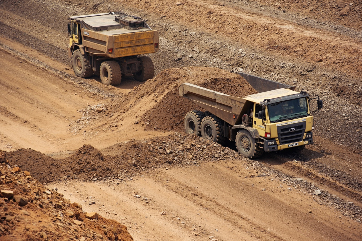 African mining operation with excavator loading haul trucks at mine site